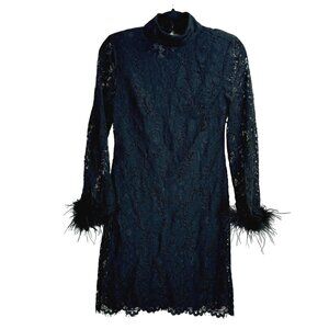 Cache Black Lace Dress Feather Cuffs Open Back XXS